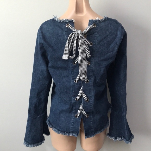 Moelleux Anthropologie Denim Lace Up Bell Sleeve - Picture 4 of 5